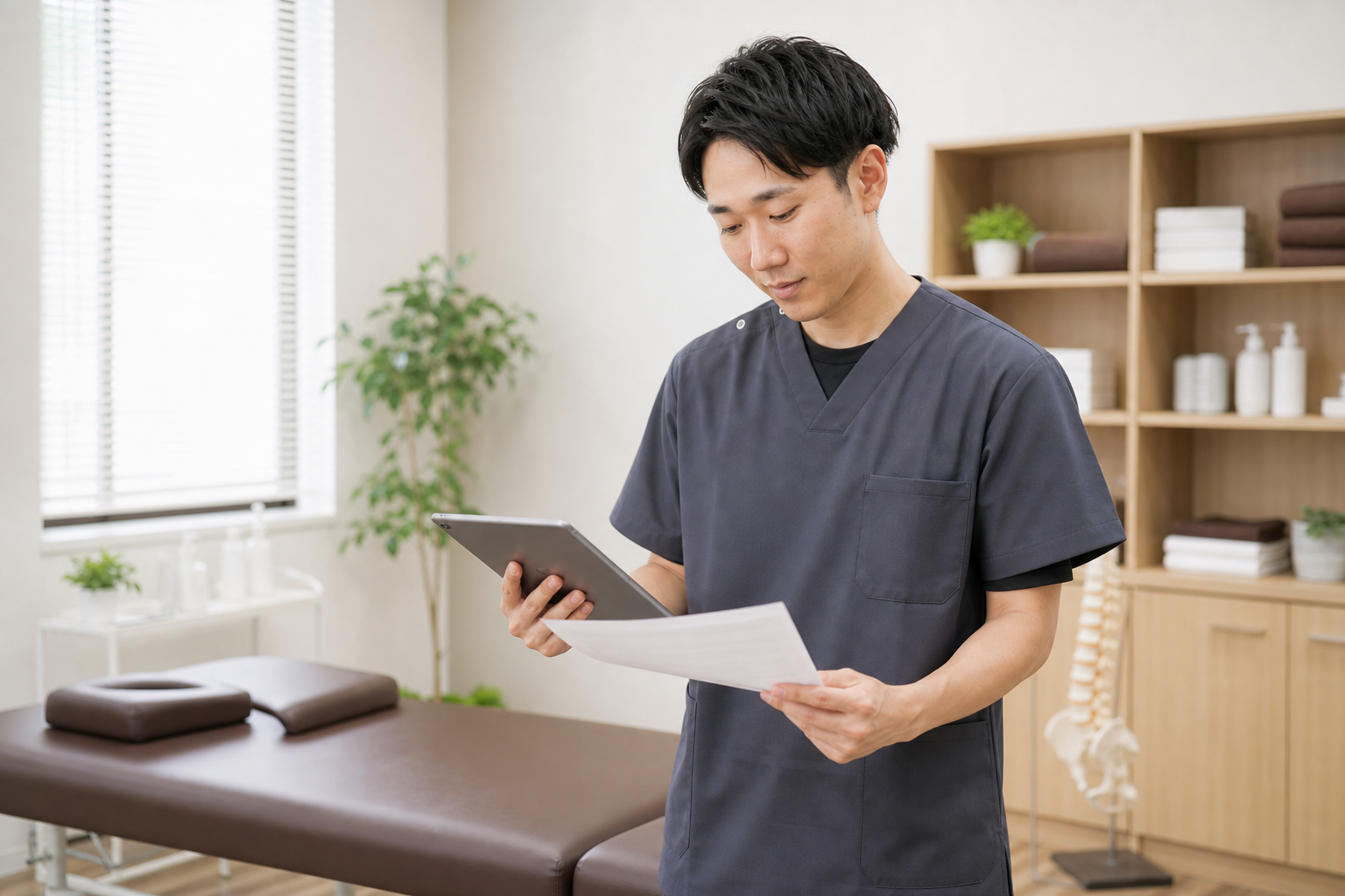 整体師が講座資料を確認しながら資格の必要性を考える様子