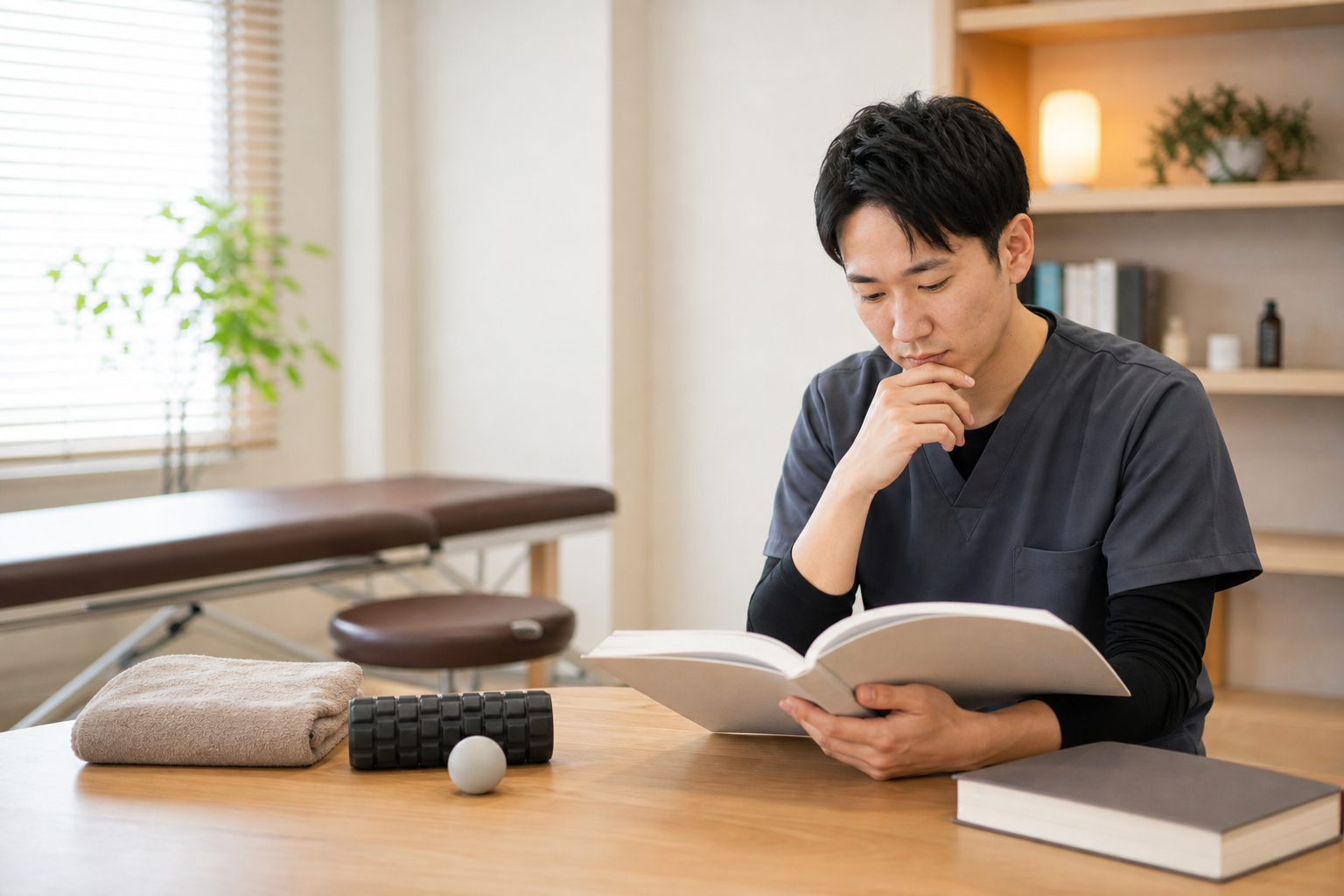 整体師が身体ケア講座の学習内容を確認する様子
