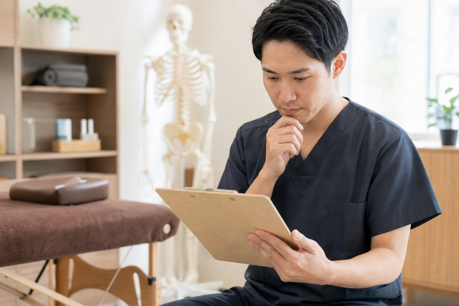 整体師が資格の有無と実技の関係を確認する様子