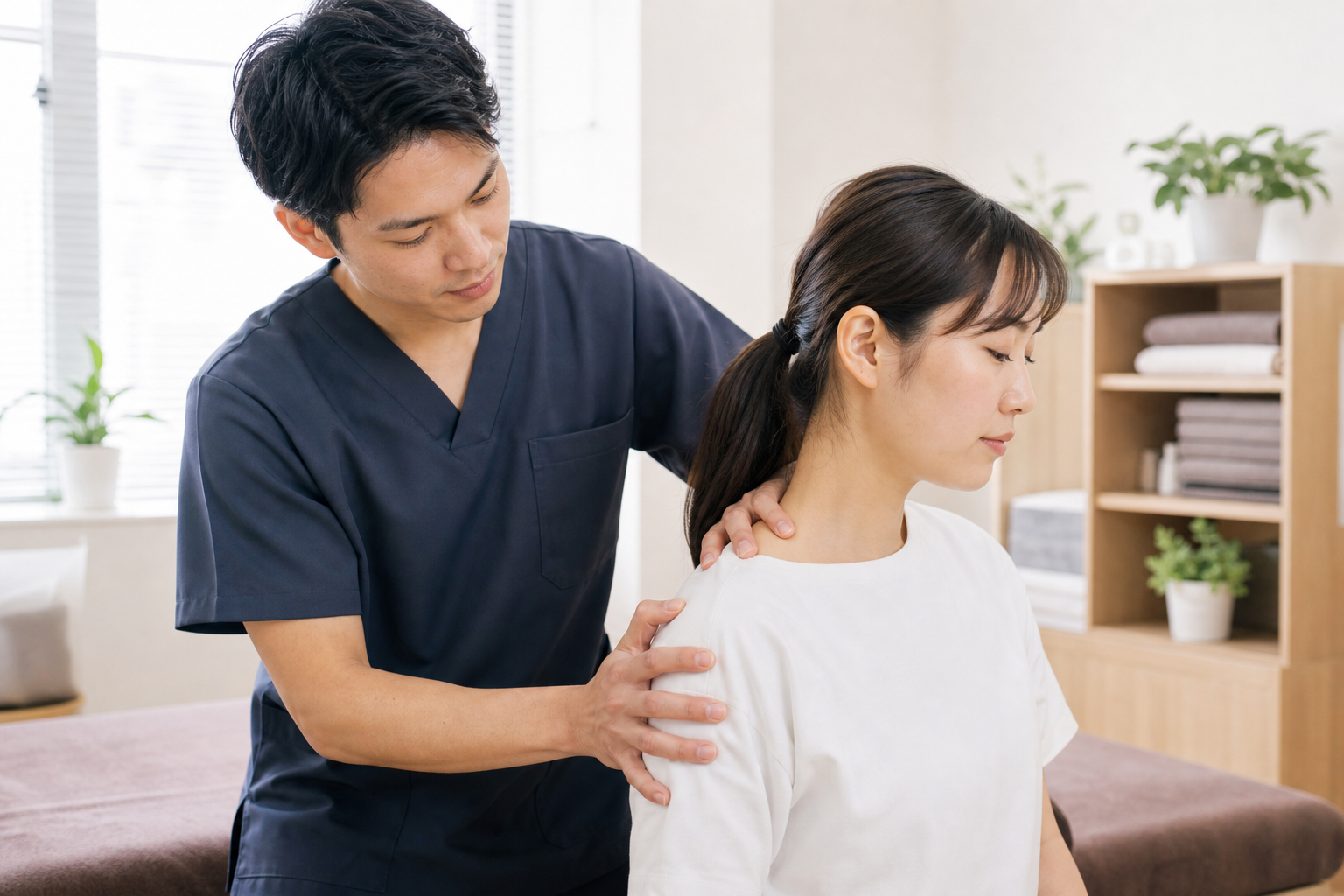 整体師が現場で姿勢と手技を確認する様子