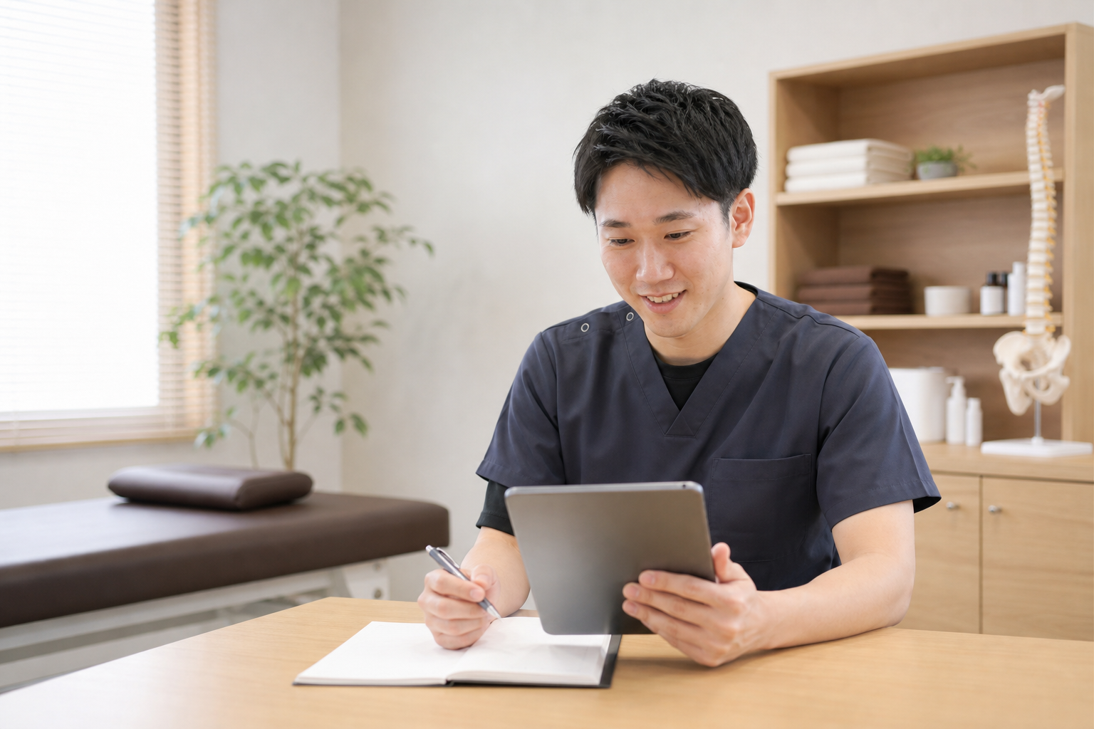 整体師が通信講座と資格について質問を確認する様子