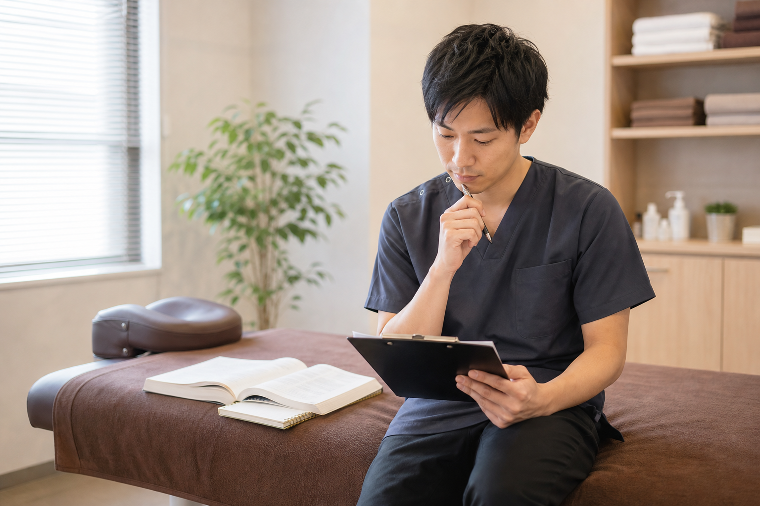 通信講座と整体師の働き方について考える施術者の様子