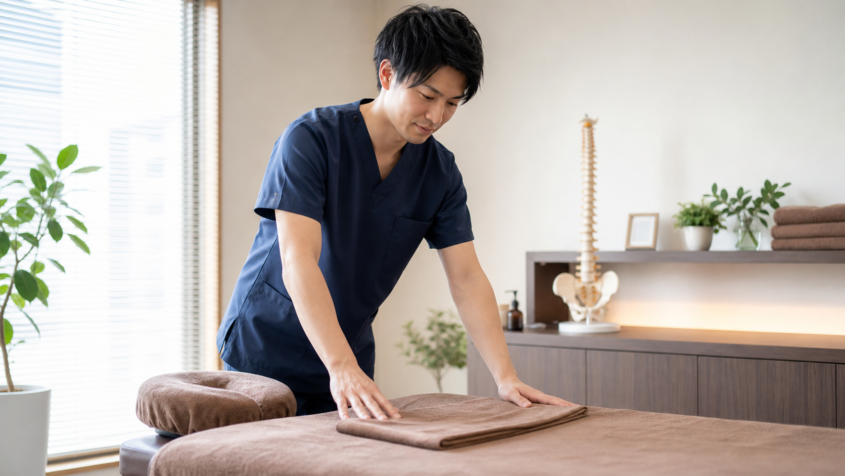整体師がユニフォームを手入れする様子