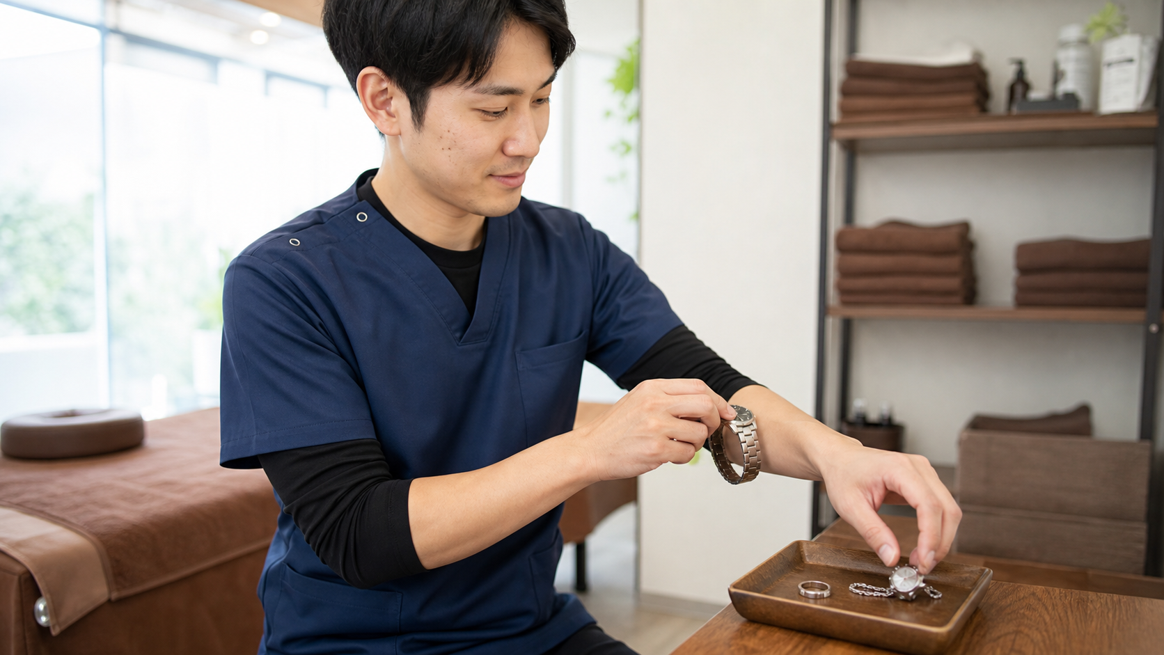 ストレッチ性のあるユニフォームを確認する整体師の様子