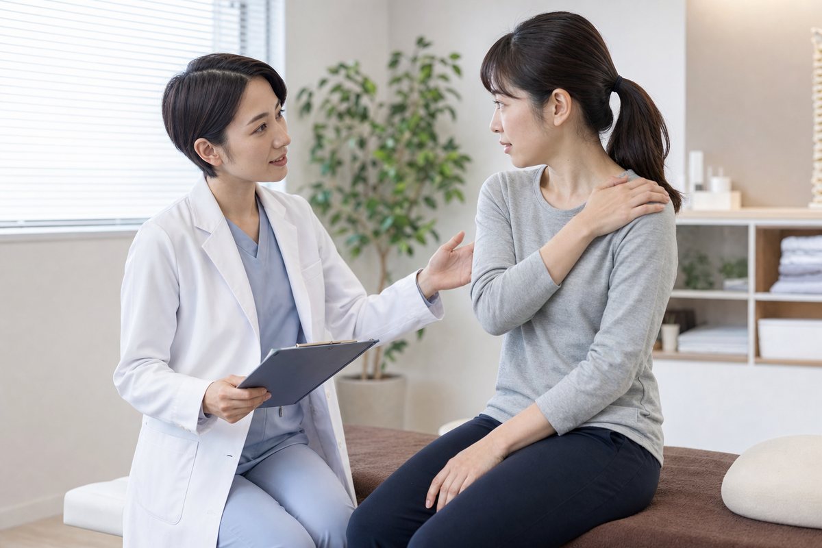 肩の悩みを相談する女性と白衣の整体師