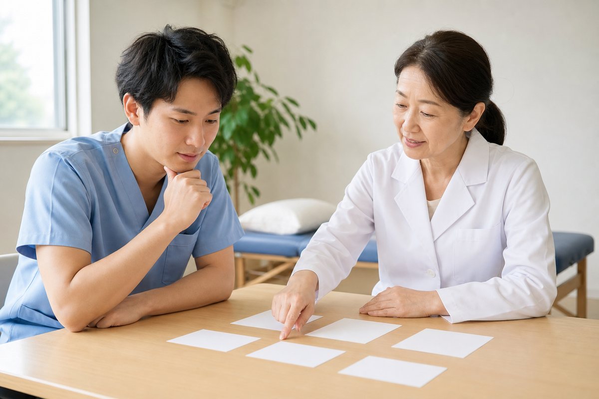 整体師の勤務先について相談するスタッフ